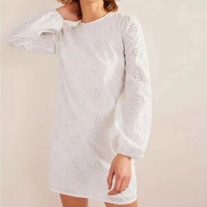 Boden Broaderie white cotton long sleeve eyelet patchwork shift dress size 8